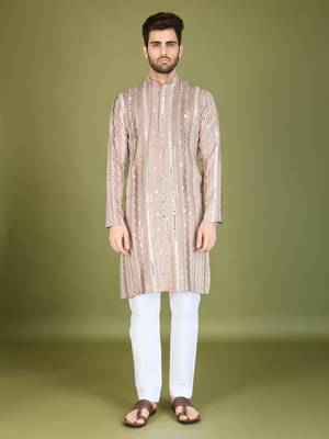 Beige viscose rayon thread & sequins embroidered with foil mirror work wedding festival party wear straight kurta 7
