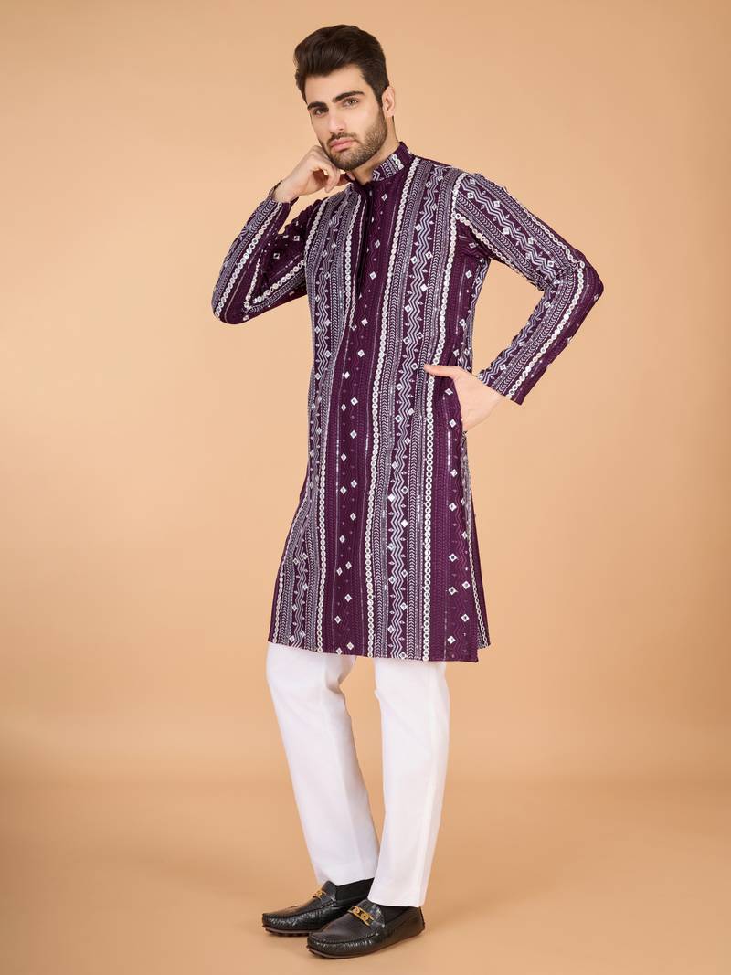 Purple viscose rayon thread & sequins embroidered with foil mirror work wedding festival party wear straight kurta