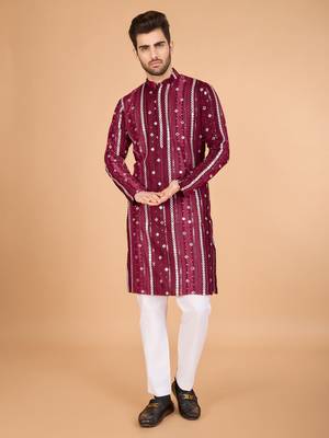 Maroon viscose rayon thread & sequins embroidered with foil mirror work wedding festival party wear straight kurta 7