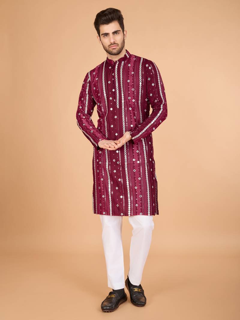 Maroon viscose rayon thread & sequins embroidered with foil mirror work wedding festival party wear straight kurta