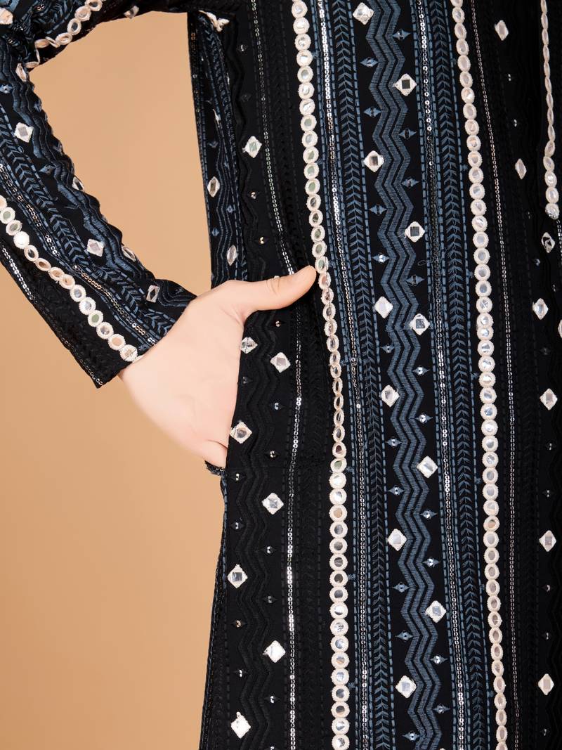 Black viscose rayon thread & sequins embroidered with foil mirror work wedding festival party wear straight kurta