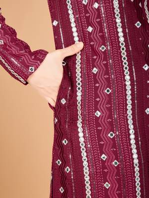 Maroon viscose rayon thread & sequins embroidered with foil mirror work wedding festival party wear straight kurta 8