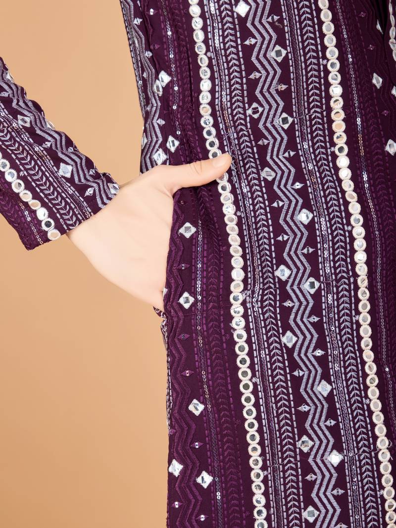 Purple viscose rayon thread & sequins embroidered with foil mirror work wedding festival party wear straight kurta