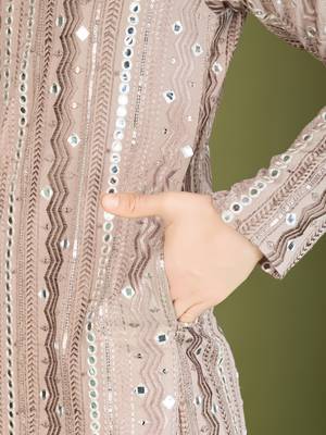 Beige viscose rayon thread & sequins embroidered with foil mirror work wedding festival party wear straight kurta 8