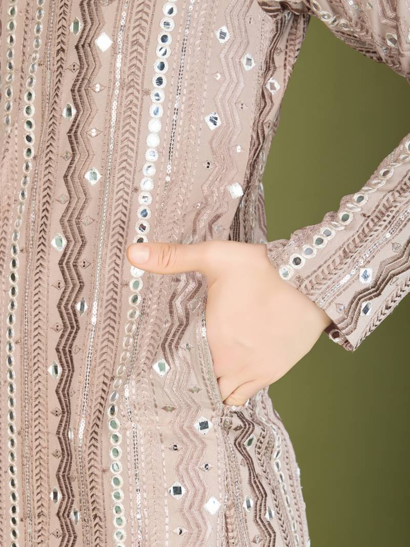 Beige viscose rayon thread & sequins embroidered with foil mirror work wedding festival party wear straight kurta