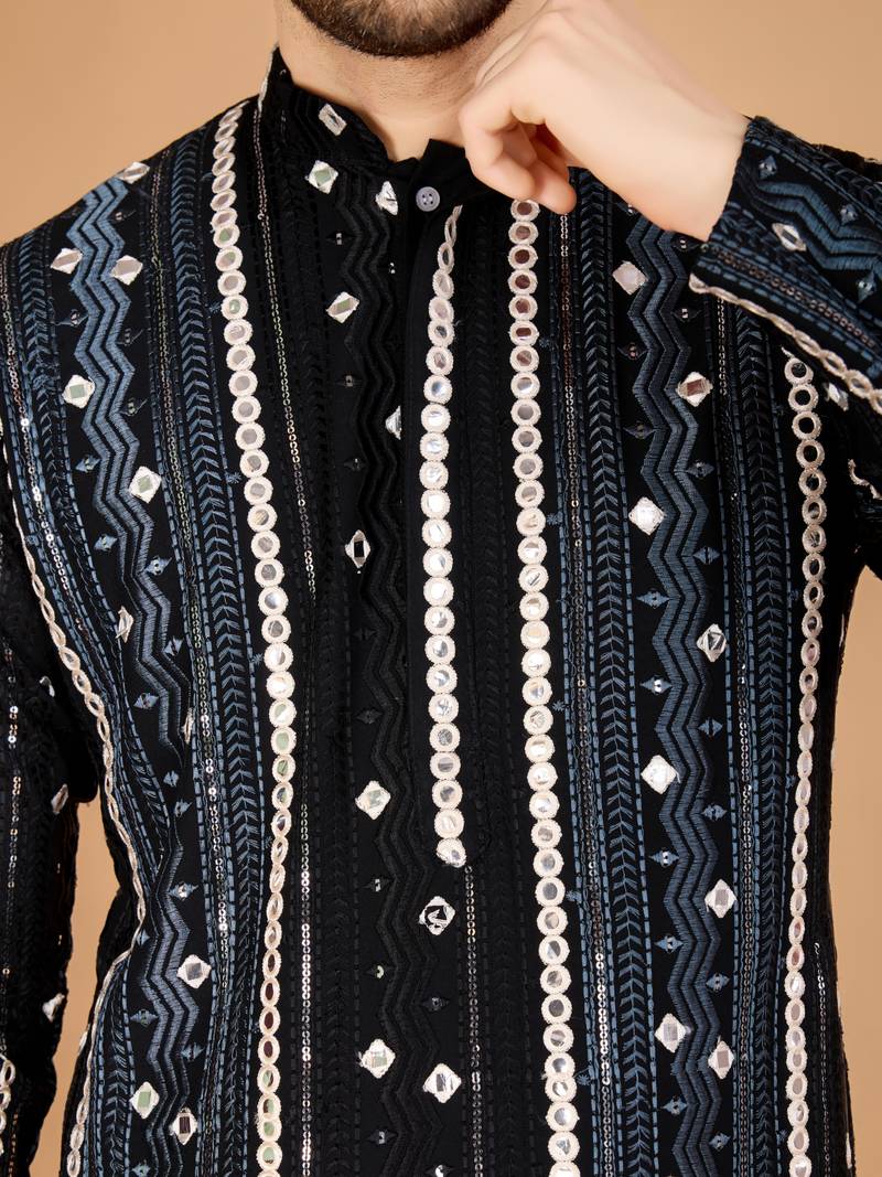 Black viscose rayon thread & sequins embroidered with foil mirror work wedding festival party wear straight kurta