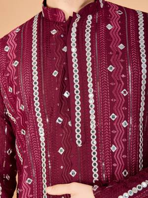 Maroon viscose rayon thread & sequins embroidered with foil mirror work wedding festival party wear straight kurta 9