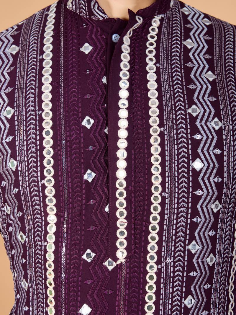 Purple viscose rayon thread & sequins embroidered with foil mirror work wedding festival party wear straight kurta