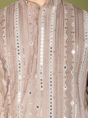 Beige viscose rayon thread & sequins embroidered with foil mirror work wedding festival party wear straight kurta 9