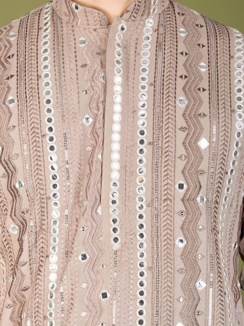 Beige viscose rayon thread & sequins embroidered with foil mirror work wedding festival party wear straight kurta