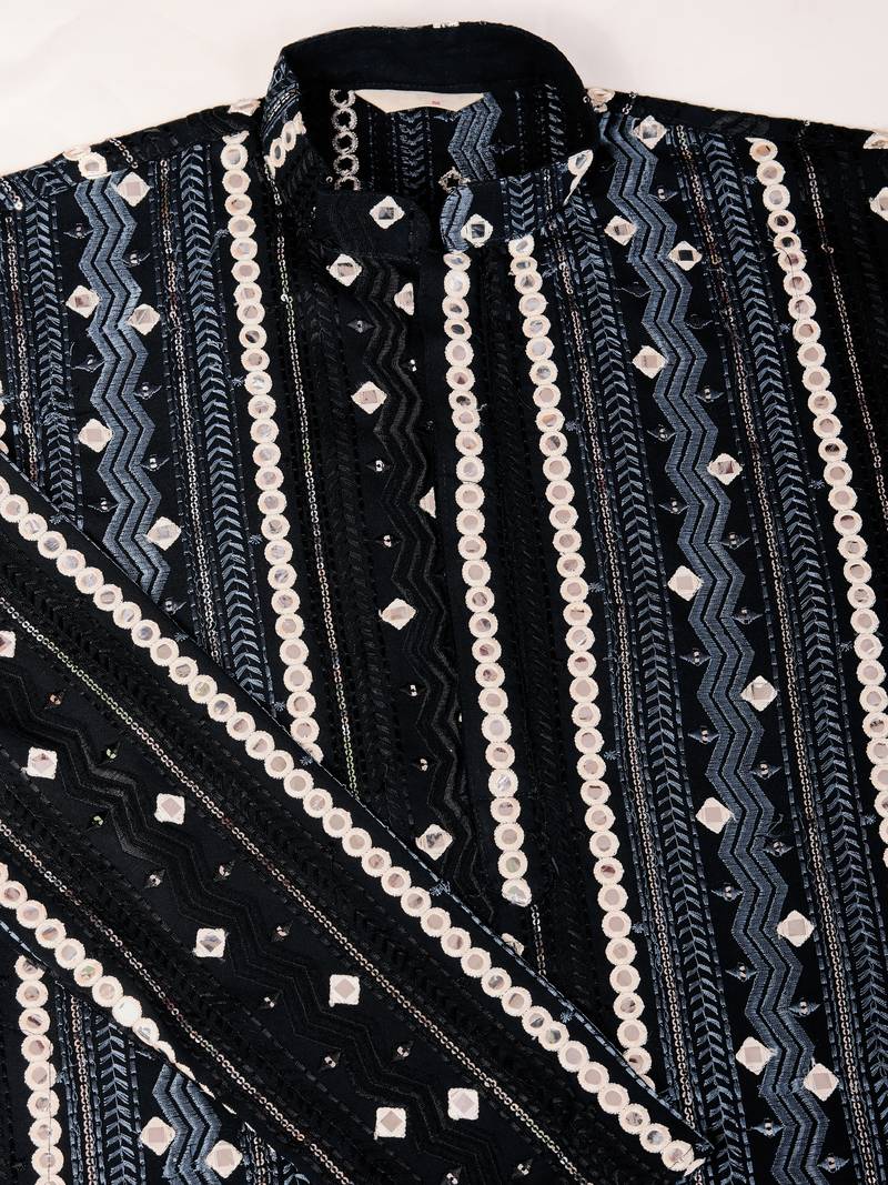 Black viscose rayon thread & sequins embroidered with foil mirror work wedding festival party wear straight kurta
