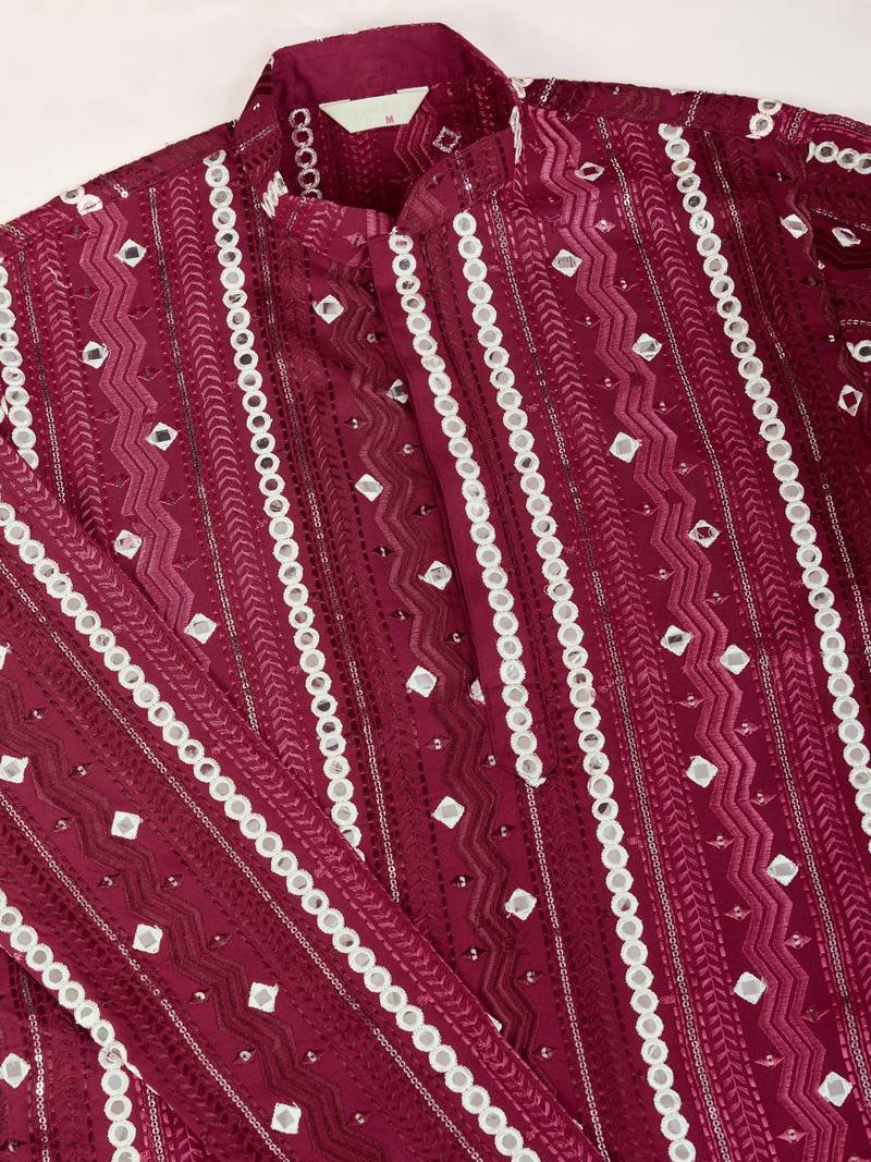 Maroon viscose rayon thread & sequins embroidered with foil mirror work wedding festival party wear straight kurta