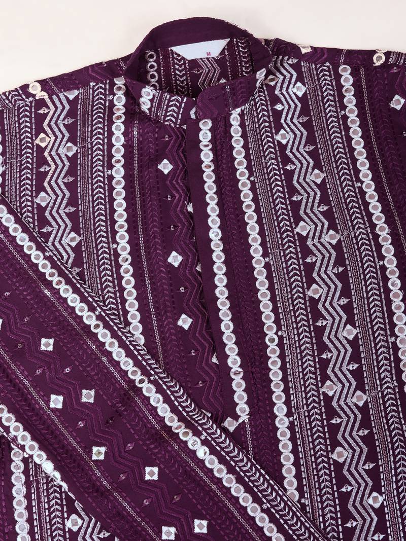 Purple viscose rayon thread & sequins embroidered with foil mirror work wedding festival party wear straight kurta