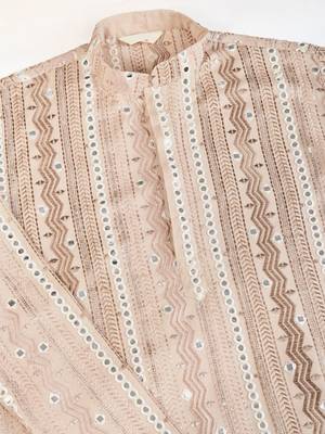 Beige viscose rayon thread & sequins embroidered with foil mirror work wedding festival party wear straight kurta 10