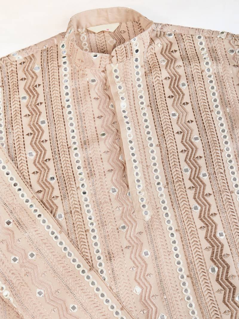 Beige viscose rayon thread & sequins embroidered with foil mirror work wedding festival party wear straight kurta