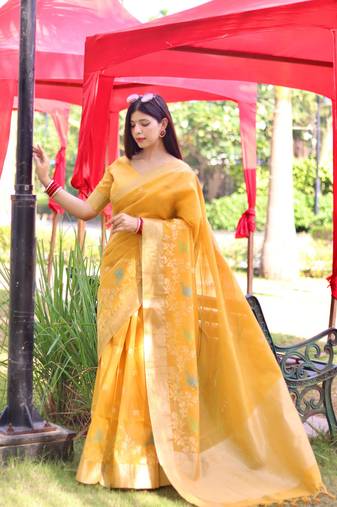 Yellow thread woven design with zari woven border