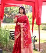 Red thread woven design with zari woven border