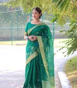 Green thread woven design with zari woven border