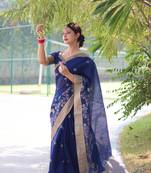 Blue thread woven design with zari woven border
