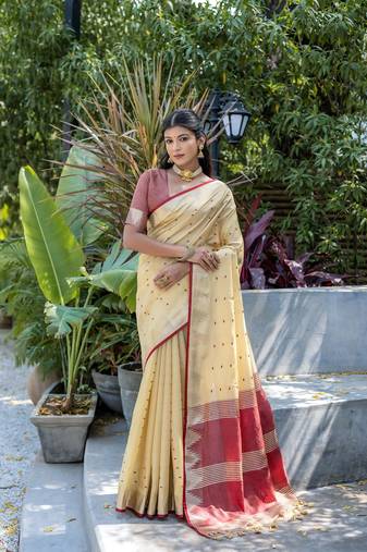 Beige zari woven triangle border with butti weaves saree