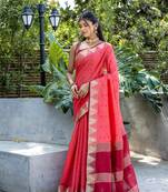 Peach zari woven triangle border with butti weaves saree