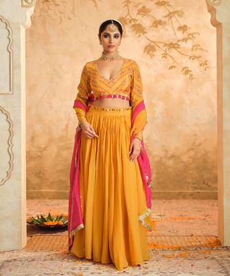 Raag Solid Mustard Lehenga Set of 3 1