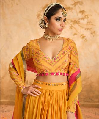 Raag Solid Mustard Lehenga Set of 3 3