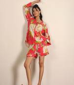 Pink and multicolor cotton linen blend casual wear mini shorts