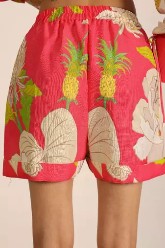 Pink and multicolor cotton linen blend casual wear mini shorts
