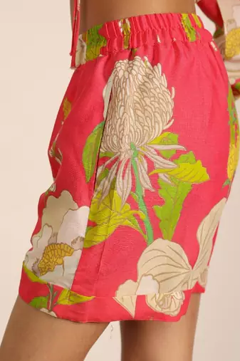 Pink and multicolor cotton linen blend casual wear mini shorts