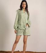 Green with white textile print with half belt casual resort mini shorts