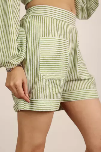 Green with white textile print with half belt casual resort mini shorts
