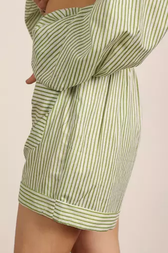 Green with white textile print with half belt casual resort mini shorts