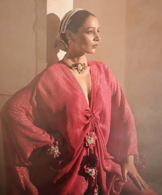 Doree hot pink front gathered long kaftaan 2