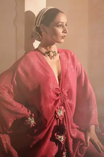 Doree hot pink front gathered long kaftaan