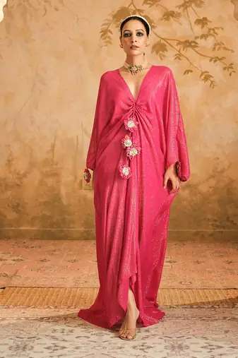 Doree hot pink front gathered long kaftaan