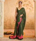 Doree green floral chintz saree with unstiched blouse piece