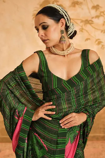Doree green floral chintz saree with unstiched blouse piece
