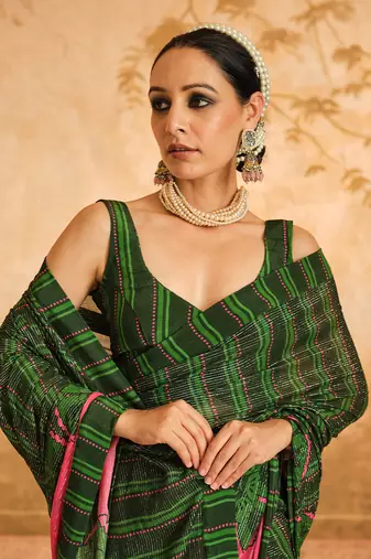 Doree green floral chintz saree with unstiched blouse piece