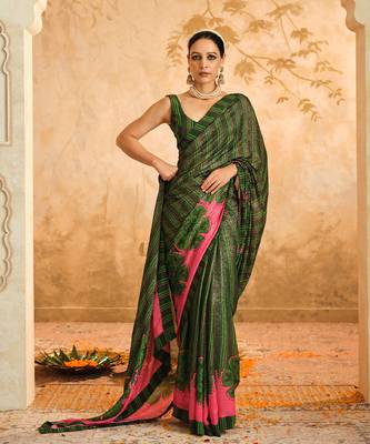 Doree green floral chintz saree with unstiched blouse piece 4