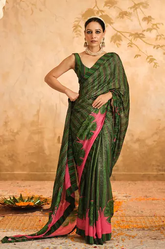 Doree green floral chintz saree with unstiched blouse piece