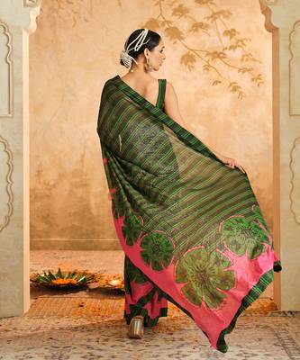 Doree green floral chintz saree with unstiched blouse piece 5