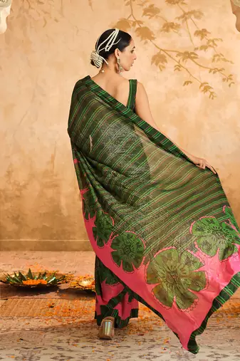 Doree green floral chintz saree with unstiched blouse piece