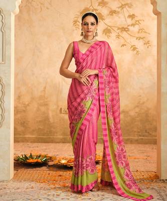 Doree pink floral chintz saree with unstiched blouse piece 1