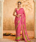 Doree pink floral chintz saree with unstiched blouse piece