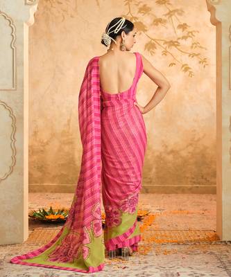 Doree pink floral chintz saree with unstiched blouse piece 2
