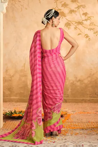 Doree pink floral chintz saree with unstiched blouse piece