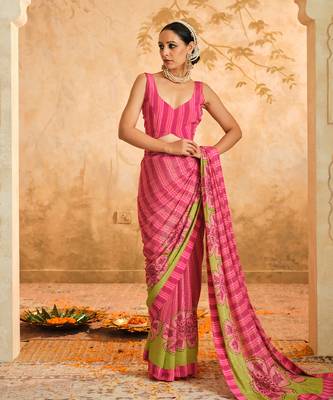 Doree pink floral chintz saree with unstiched blouse piece 3