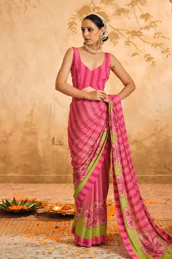 Doree pink floral chintz saree with unstiched blouse piece