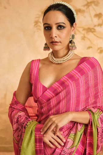Doree pink floral chintz saree with unstiched blouse piece